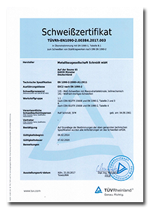 Schmidt Metallbau Schlosserei Münster bei Dieburg / Rhein-Main Zertifikat DIN 1090 Schweißzertifikat
